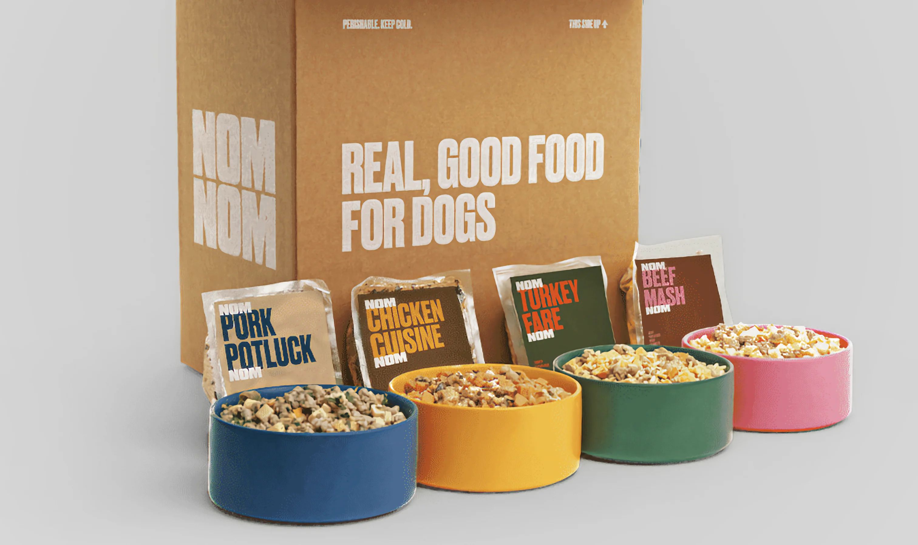 The four Nom Nom recipes: Pork Potluck, Chicken Cuisine, Turkey Fare, and Beef Mash"